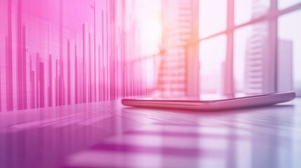 Poster - A cell phone sitting on a table in front of an office building, AI