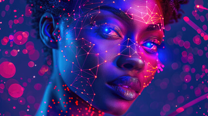 A woman with intricately designed glowing patterns on her face stares confidently against a colorful backdrop in a modern space