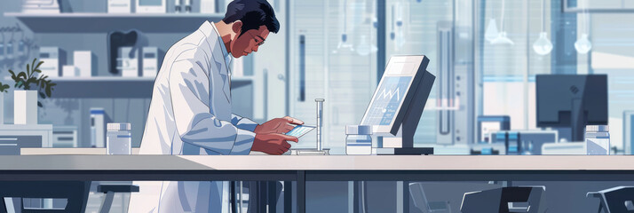 A scientist in a lab coat focuses on conducting an experiment while examining data on a tablet in a well-equipped laboratory