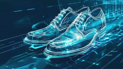 Futuristic digital illustration of men's shoes with glowing blue lights.