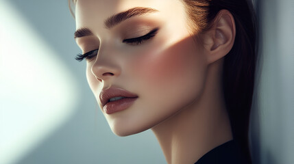 Poster - Close-up of a beautiful model's face wearing natural-looking makeup on a neutral background