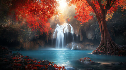 Wall Mural - Beautiful waterfall, wallpaper, the beauty of the waterfall amidst the red trees and blue water