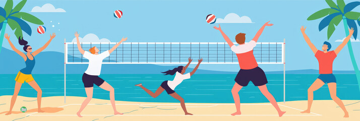 Teams engage in an exciting beach volleyball match, showcasing their athleticism against a scenic coastal backdrop