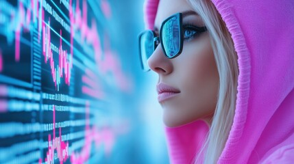 Poster - A woman in a pink hoodie looking at some sort of screen, AI