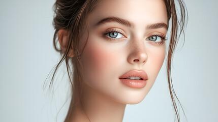 Poster - Close-up of a beautiful model's face with little makeup on a neutral background. Ideal for advertising beauty and makeup products