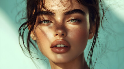 Poster - Close-up of a beautiful model's face with little makeup on a neutral background. Ideal for advertising beauty and makeup products