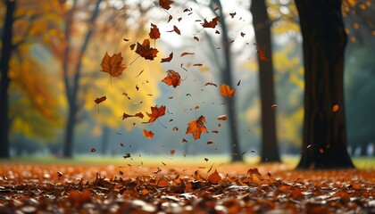 Autumn leaves carpet the park, creating a picturesque scene of seasonal beauty and tranquility