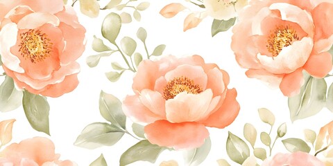 Watercolor Peach Flowers and Green Leaves Seamless Pattern