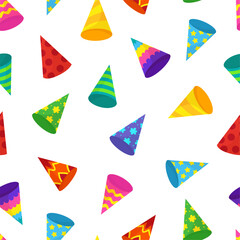 Canvas Print - Birthday seamless pattern. Party paper cones, decorative head accessories for festive. Vibrant cone fabric, wallpaper, wrapping vector print design