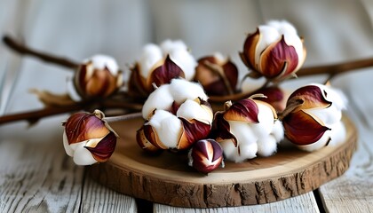 Rustic wooden boards showcasing delicate cotton buds in a natural arrangement