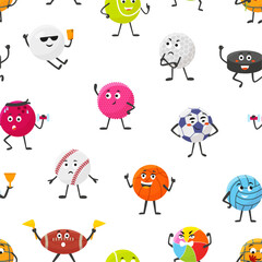 Cartoon sport balls characters. Sporty style seamless pattern, football baseball basketball tennis hockey accessories. Training mascots vector background