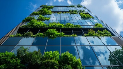 A towering glass skyscraper reflects the urban skyline, its facade a grid of panels on a roof, blending seamlessly into the city’s architecture