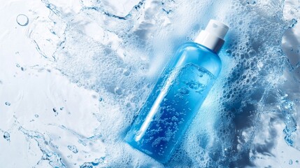 Blue and white shampoo bottle with dense, luxurious foam and gentle water effects, creating a fresh and revitalizing scene