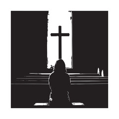 Young woman silhouette praying in front of a wooden cross in a church. silhouette of a person with a cross.