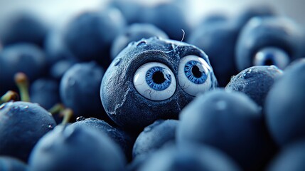 Canvas Print - A blue grapes with eyes and a mouth surrounded by other fruits, AI