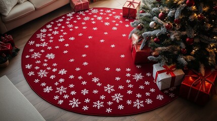 A red Christmas tree skirt with white snowflakes, a gift box next to it․