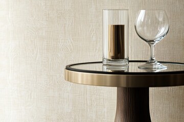 A high-end side table with a glass top, placed in front of a light, neutral background