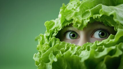 Canvas Print - A close up of a face in lettuce leaves with eyes peeking out, AI