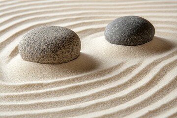 Two round stones placed on fine raked sand. Zen garden layout for calm and meditation.