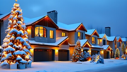 Wall Mural - Festive snow-covered Christmas tree adorned with ornaments and lights in a picturesque snowy residential neighborhood