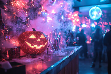 A vibrant Halloween party scene featuring glowing jack o lantern surrounded by colorful lights and fog. atmosphere is festive and spooky, perfect for celebrating holiday