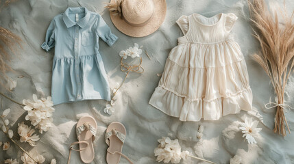 A flat lay of two girls' outfits, one in light blue and the other in white with grey accents.