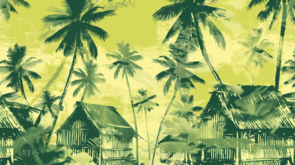 The seamless pattern of collage illustration with bamboo trees and architecture, shades of green, yellow, beige and earthy tones