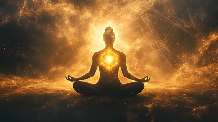 A meditating figure surrounded by an aura of golden light, radiating energy and spiritual power.