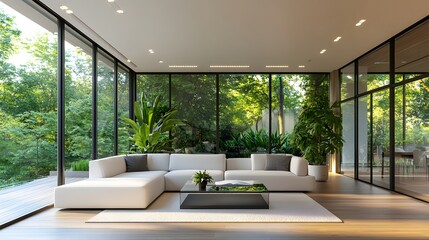 Poster - A modern bright living room features a large L-shaped white sofa, floor-to-ceiling windows, and wooden flooring, creating an airy atmosphere with natural daylight.