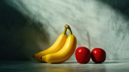 Poster - Two bananas and two apples are sitting on a table, AI