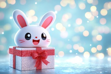 Cute cartoon rabbit with gift box and festive bokeh background