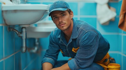 Young handsome plumber wearing a working uniform and a cap․