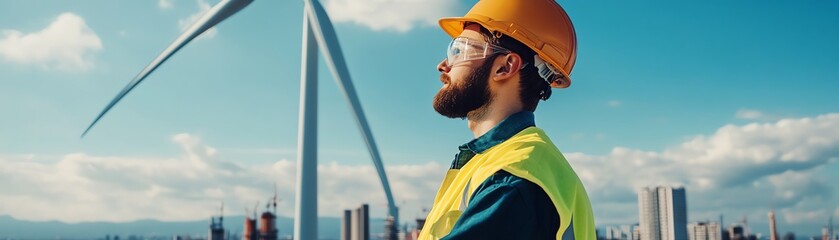 Engineer with hard hat and safety vest inspecting wind turbines in urban area, renewable energy concept.