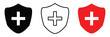 © StockSpectrum - Health protection shield icon with medical cross and safety symbol outline in vector healthcare security design emblem for public preventive care insurance guard and wellness vector in eps 10.