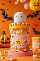 Wall Mural - Cute ghost marshmallow in candy filled jar with Halloween decorations