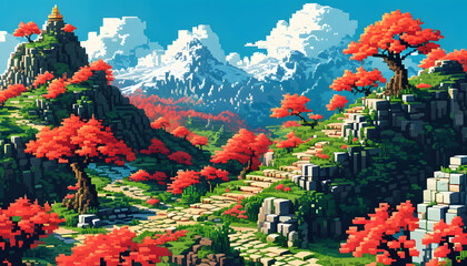 Pixel Art Mountain Landscape with Red Trees and Stone Path