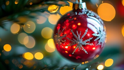 Glistening glass ornament on a Christmas tree adorned with colorful festive lights and enchanting bokeh effects