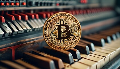 Wall Mural - Bitcoin cryptocurrency displayed artfully on vintage piano keyboard with stylish analog synthesizer creating a harmonious blend of music and digital finance