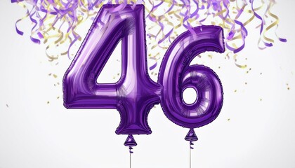 Purple birthday / anniversary balloon, number 46, white background with confetti