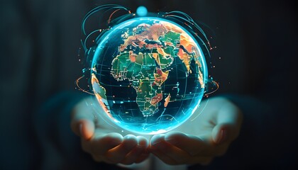 Wall Mural - Digital holographic globe in hands symbolizes advanced technology and global communication networks