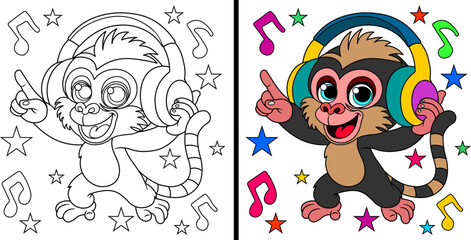 Cute monkey. Monkey wearing headphones. Coloring page. Vector illustration.