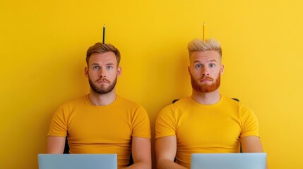 Canvas Print - Two men in yellow shirts with pencils sticking out of their heads, AI