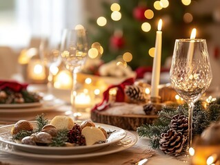 Festive holiday table setup with decorations and food close-up warm ambient light