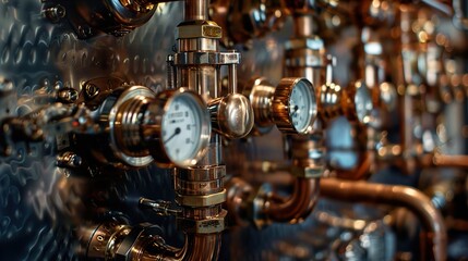 Close-up of copper pipes and gauges on a wall.