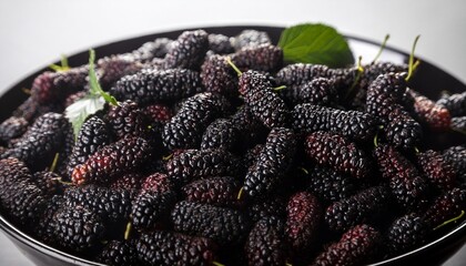 Wall Mural - mulberry in a bowl blackberry harvest in summer fruit black food background