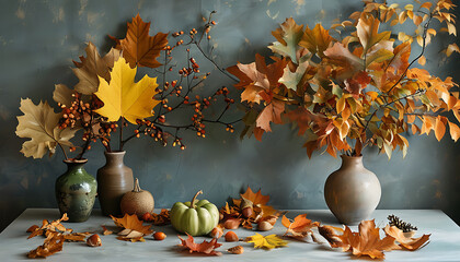 Autumn beauty, leaf decoration on table, natural ecology showcase.