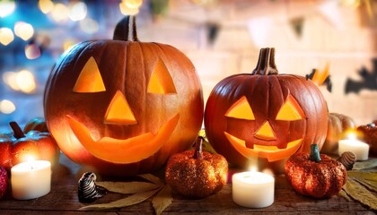 two jack o lanterns sit on a table amidst halloween decorations