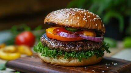 Hot roasted hamburger as healthy snack for bbq. Barbecue hamburger with vegetables and meat