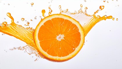 Wall Mural - high speed photo of a juicy orange slice with splashing juice on white background orange slice in center juice splashing diagonally bright orange juice deep orange slice