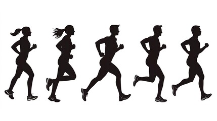 Poster - Silhouettes clipart of athlete woman and man running, vectors featuring workout sports, such as jogging, running, sprint, marathon, and physical exercise on white background